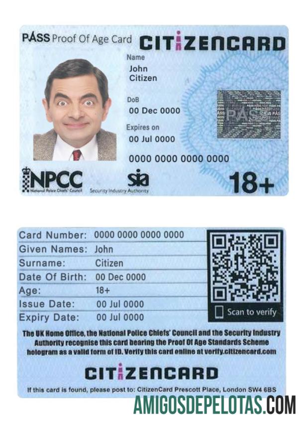 Cartão de Cidadão com Prova de Idade do Reino Unido exemplo real